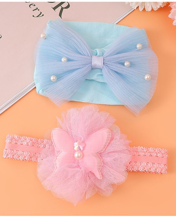 Babyhug Headbands with Bow & Floral Applique Free Size Pack of 2 - Pink & Light Blue