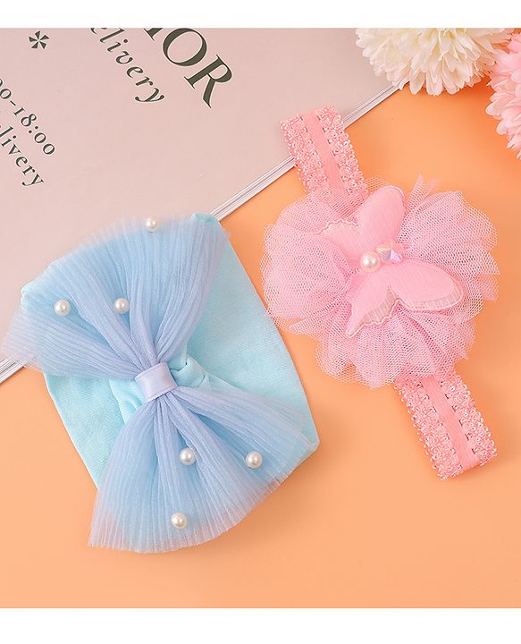 Babyhug Headbands with Bow & Floral Applique Free Size Pack of 2 - Pink & Light Blue