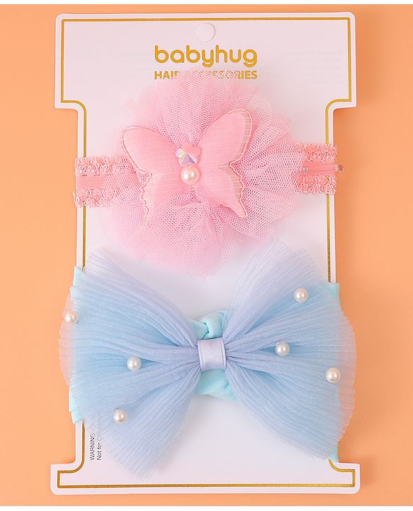 Babyhug Headbands with Bow & Floral Applique Free Size Pack of 2 - Pink & Light Blue