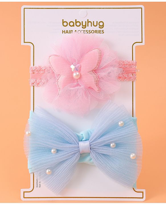 Babyhug Headbands with Bow & Floral Applique Free Size Pack of 2 - Pink & Light Blue
