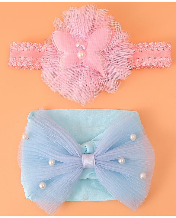 Babyhug Headbands with Bow & Floral Applique Free Size Pack of 2 - Pink & Light Blue