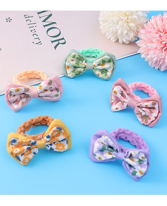 Pine Kids Hair Rubber Bands With Bow Applique Pack of 5 - Multicolour