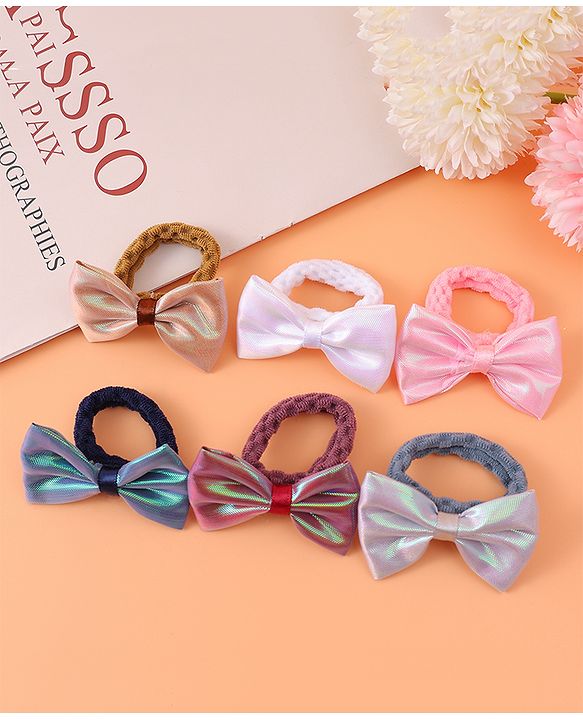 Pine Kids Hair Rubber Bands With Bow Applique Pack of 6 - Multicolour