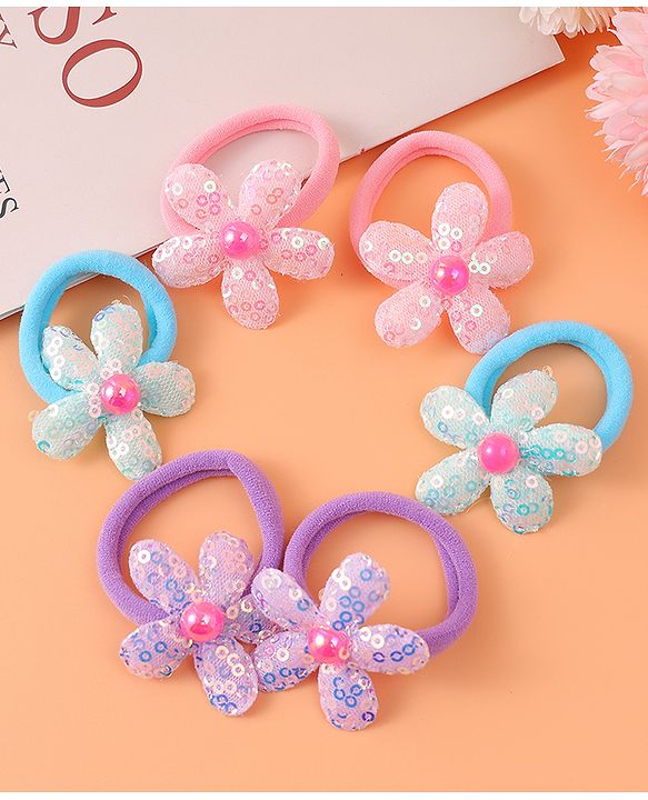 Babyhug Hair Rubber Bands With Floral Applique Pack of 6 - Blue PInk & Purple