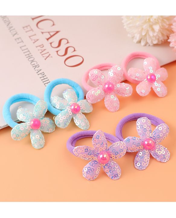 Babyhug Hair Rubber Bands With Floral Applique Pack of 6 - Blue PInk & Purple