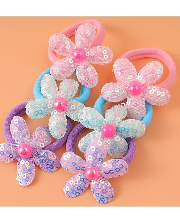Babyhug Hair Rubber Bands With Floral Applique Pack of 6 - Blue PInk & Purple