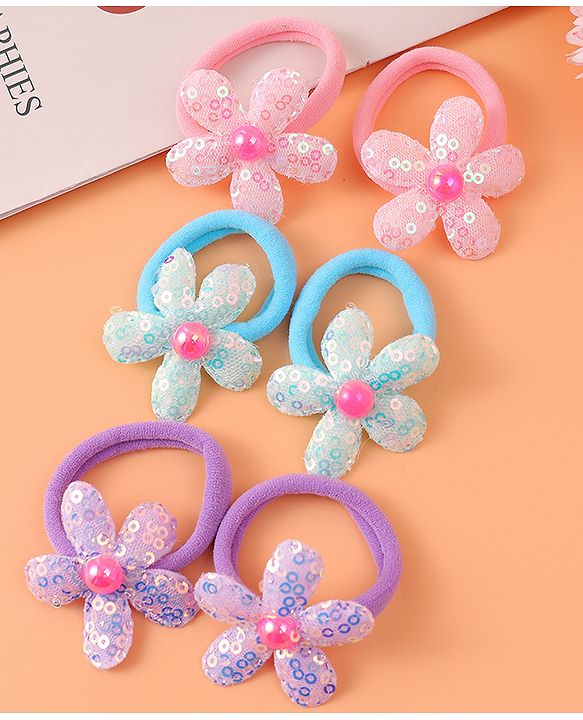 Babyhug Hair Rubber Bands With Floral Applique Pack of 6 - Blue PInk & Purple