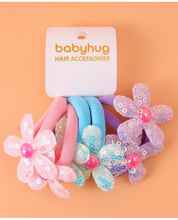 Babyhug Hair Rubber Bands With Floral Applique Pack of 6 - Blue PInk & Purple