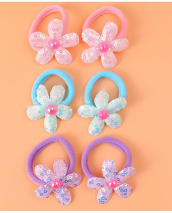 Babyhug Hair Rubber Bands With Floral Applique Pack of 6 - Blue PInk & Purple