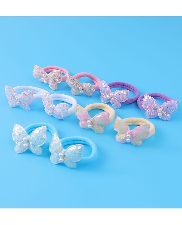 Pine Kids Hair Rubber Bands  with Butterfly Applique Free Size Pack of 10 - Light Blue