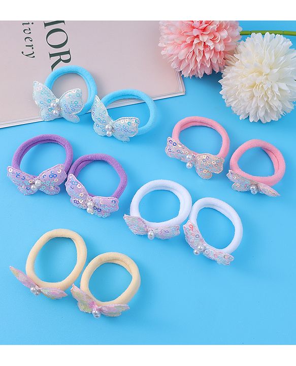 Pine Kids Hair Rubber Bands  with Butterfly Applique Free Size Pack of 10 - Light Blue