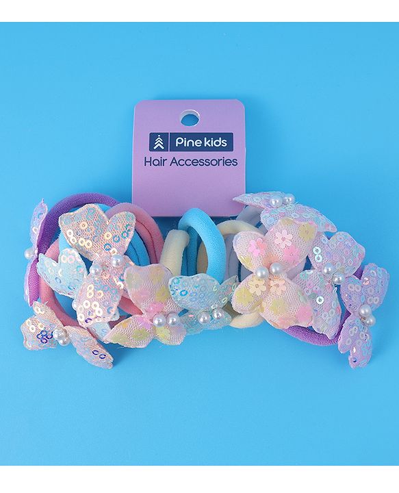 Pine Kids Hair Rubber Bands  with Butterfly Applique Free Size Pack of 10 - Light Blue