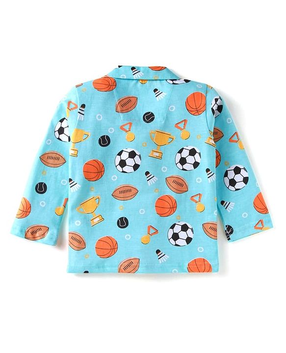 Babyhug Cotton Knit Full Sleeves Night Suit With Sports Theme Print - Light Blue