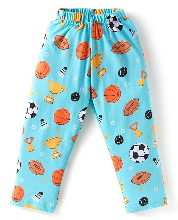 Babyhug Cotton Knit Full Sleeves Night Suit With Sports Theme Print - Light Blue