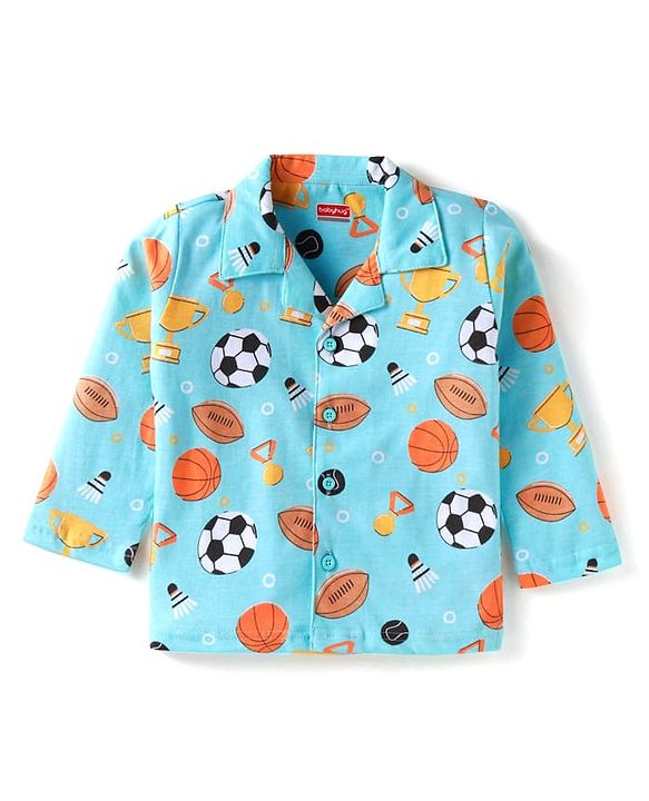 Babyhug Cotton Knit Full Sleeves Night Suit With Sports Theme Print - Light Blue
