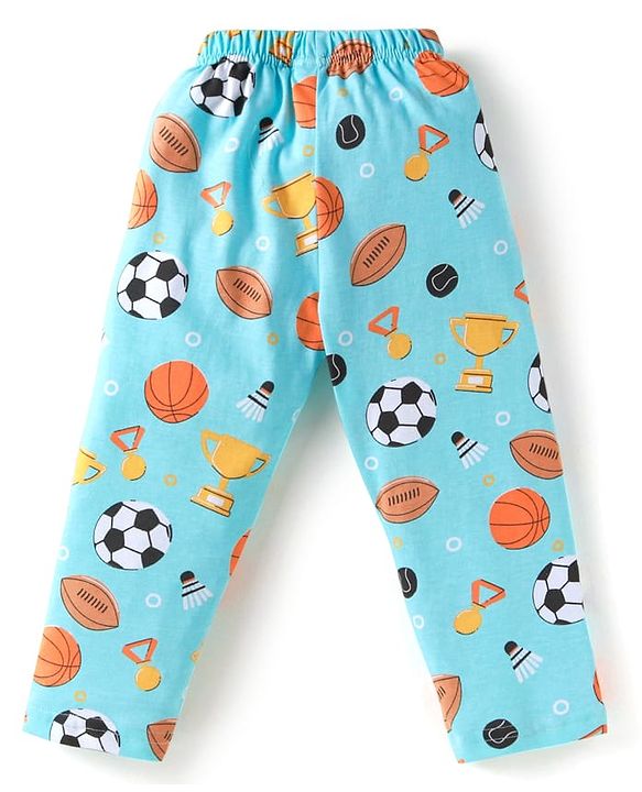 Babyhug Cotton Knit Full Sleeves Night Suit With Sports Theme Print - Light Blue
