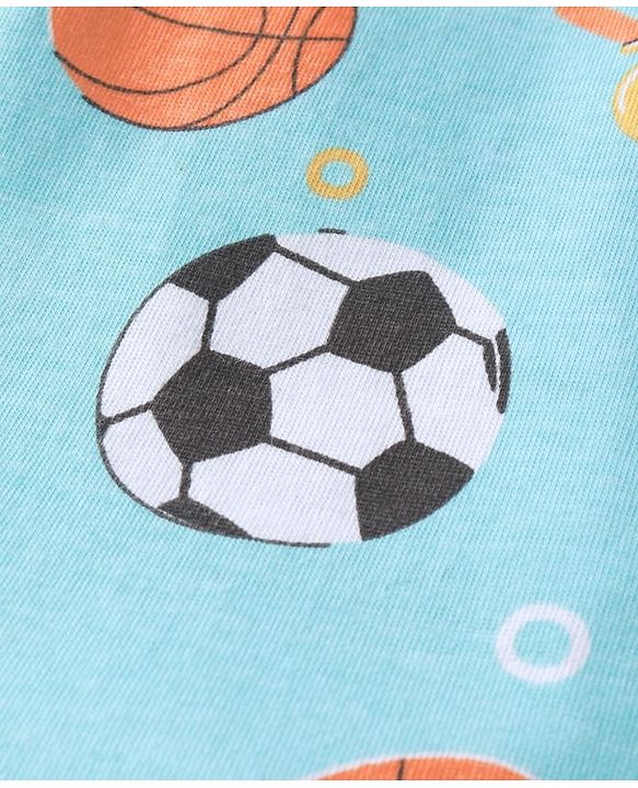Babyhug Cotton Knit Full Sleeves Night Suit With Sports Theme Print - Light Blue