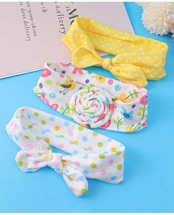 Babyhug Headbands with Bow Applique & Polka Dots Print Free Size Pack of 3 - White & Yellow