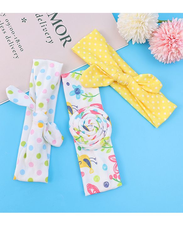 Babyhug Headbands with Bow Applique & Polka Dots Print Free Size Pack of 3 - White & Yellow
