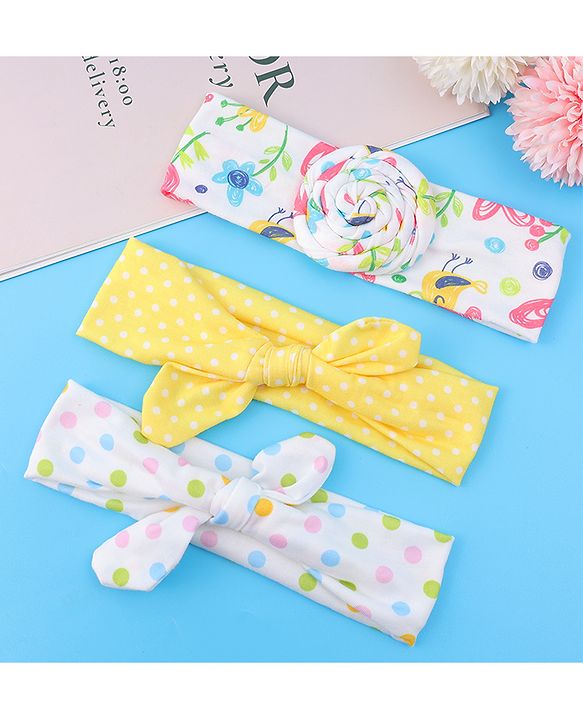 Babyhug Headbands with Bow Applique & Polka Dots Print Free Size Pack of 3 - White & Yellow