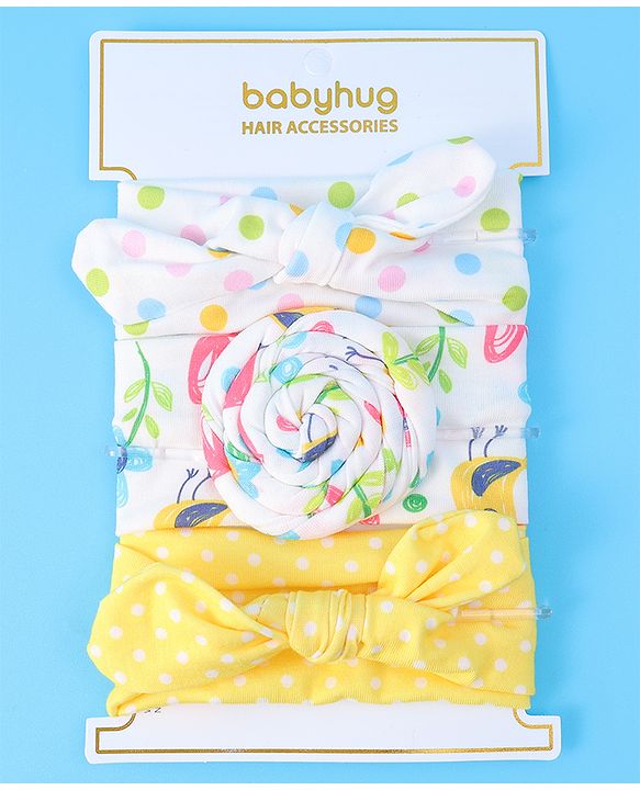 Babyhug Headbands with Bow Applique & Polka Dots Print Free Size Pack of 3 - White & Yellow