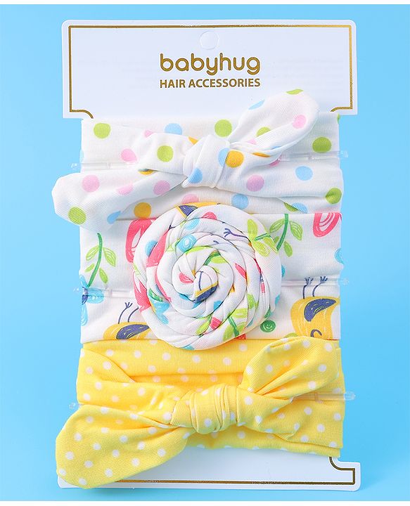 Babyhug Headbands with Bow Applique & Polka Dots Print Free Size Pack of 3 - White & Yellow
