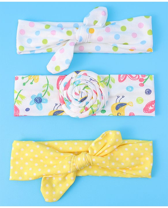 Babyhug Headbands with Bow Applique & Polka Dots Print Free Size Pack of 3 - White & Yellow