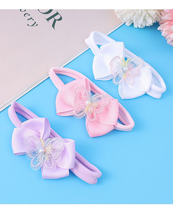 Babyhug Headbands With Bow Applique Pack of 3 - Pink White & Purple