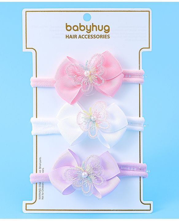 Babyhug Headbands With Bow Applique Pack of 3 - Pink White & Purple