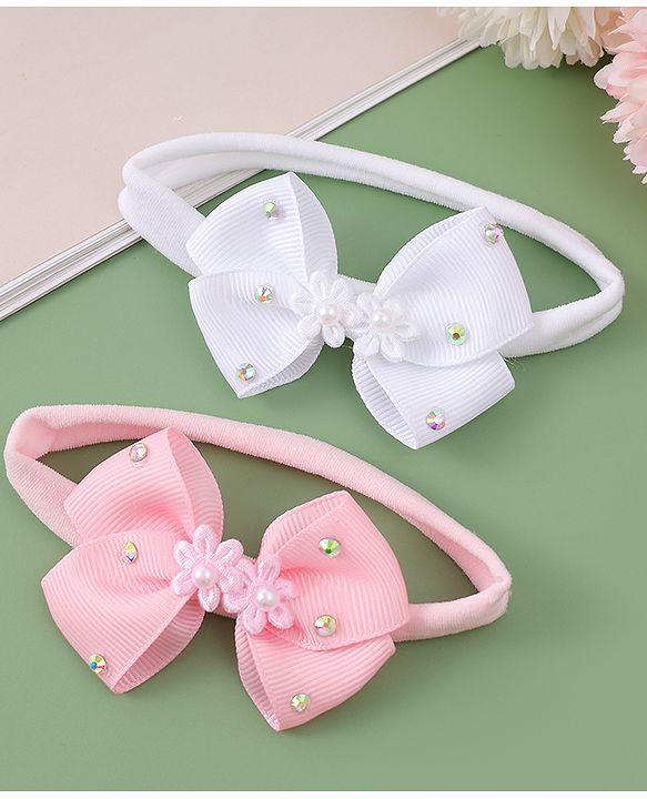 Babyhug Headbands With Bow Applique Pack of 2 - Pink & White