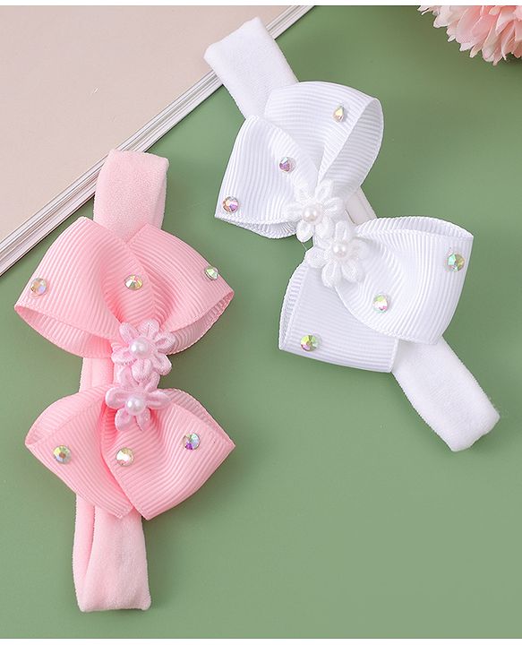 Babyhug Headbands With Bow Applique Pack of 2 - Pink & White