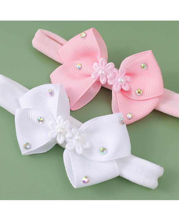 Babyhug Headbands With Bow Applique Pack of 2 - Pink & White