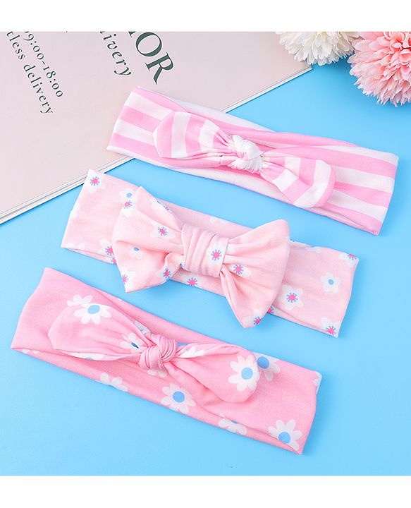 Babyhug Headbands with Bow Applique & Floral Print Free Size Pack of 3 - Pink