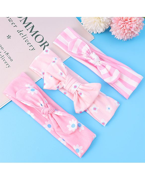 Babyhug Headbands with Bow Applique & Floral Print Free Size Pack of 3 - Pink
