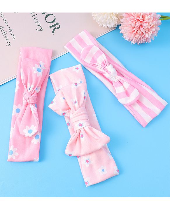 Babyhug Headbands with Bow Applique & Floral Print Free Size Pack of 3 - Pink