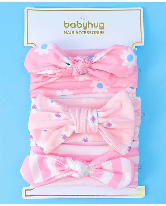 Babyhug Headbands with Bow Applique & Floral Print Free Size Pack of 3 - Pink