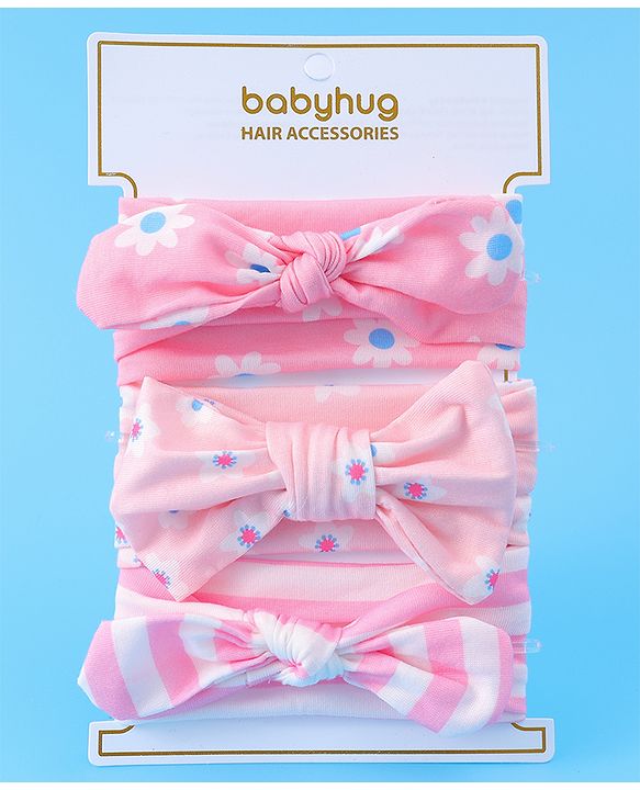 Babyhug Headbands with Bow Applique & Floral Print Free Size Pack of 3 - Pink