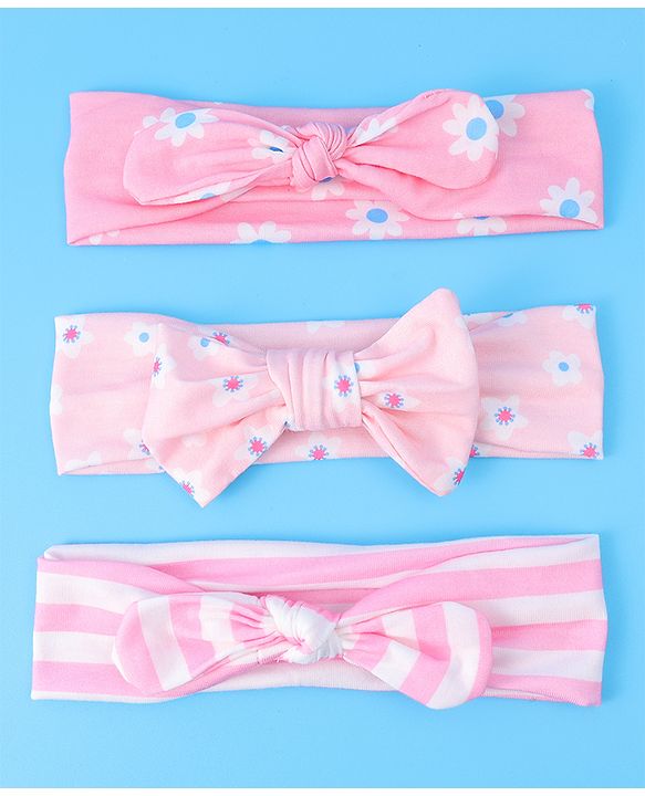 Babyhug Headbands with Bow Applique & Floral Print Free Size Pack of 3 - Pink