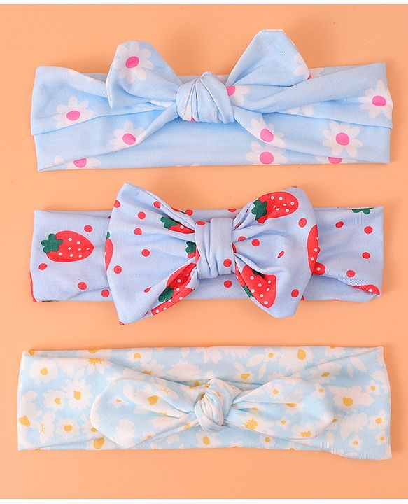 Babyhug Printed Headbands with Bow Applique Free Size Pack of 3 - Blue