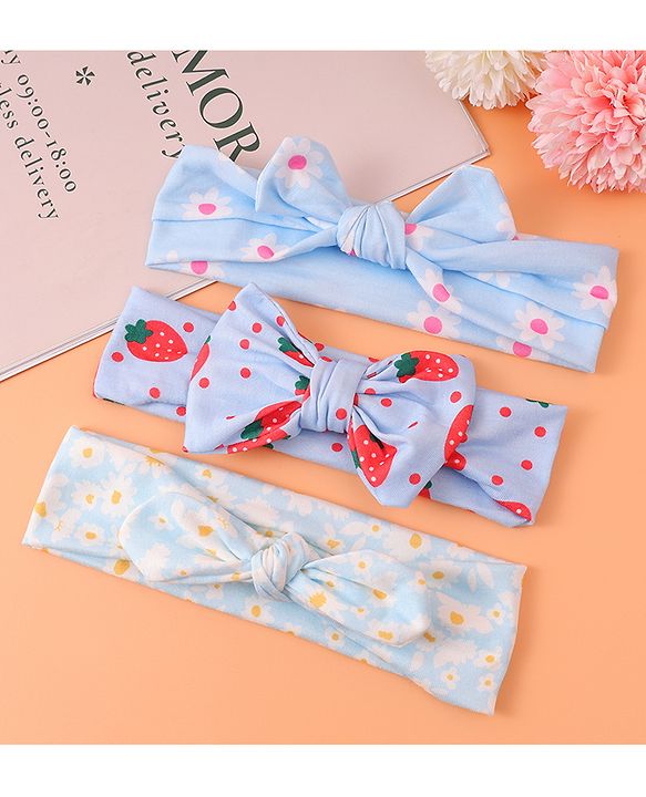 Babyhug Printed Headbands with Bow Applique Free Size Pack of 3 - Blue