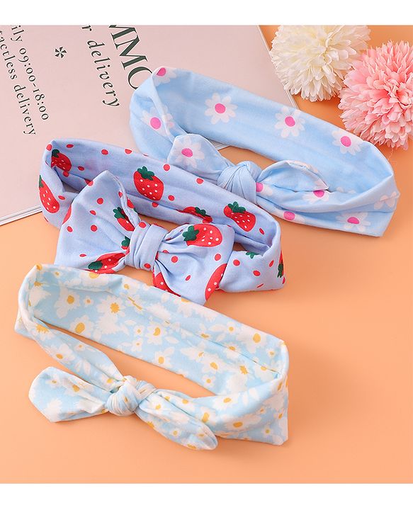 Babyhug Printed Headbands with Bow Applique Free Size Pack of 3 - Blue