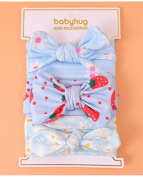 Babyhug Printed Headbands with Bow Applique Free Size Pack of 3 - Blue