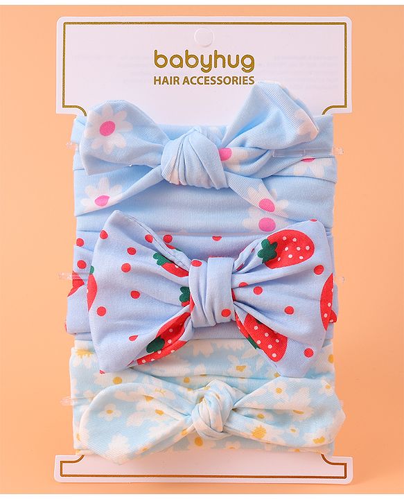 Babyhug Printed Headbands with Bow Applique Free Size Pack of 3 - Blue