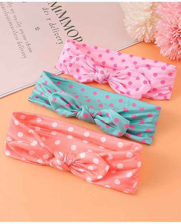 Babyhug Headbands with Bow Applique & Polka Dots Print Free Size Pack of 3 - Pink Mint & Peach