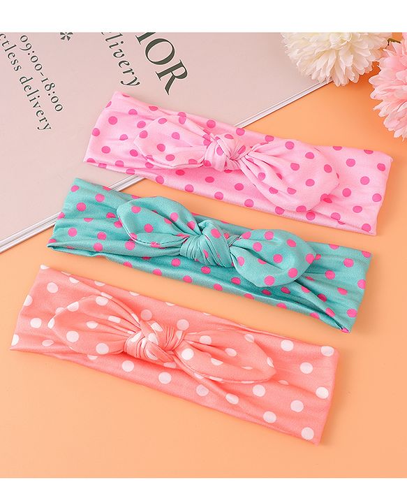 Babyhug Headbands with Bow Applique & Polka Dots Print Free Size Pack of 3 - Pink Mint & Peach
