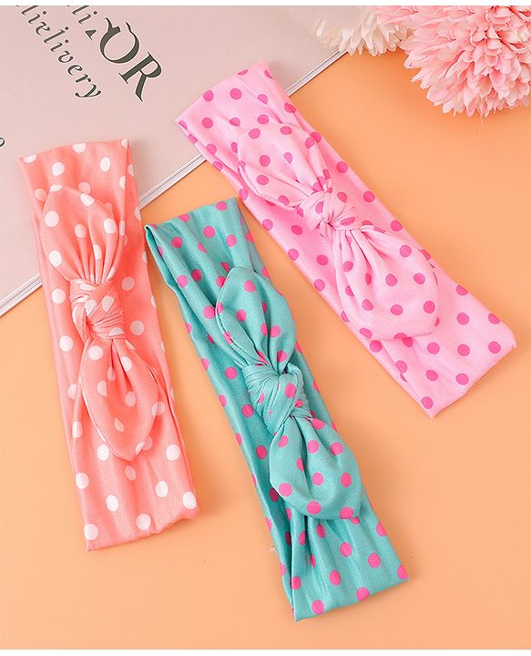 Babyhug Headbands with Bow Applique & Polka Dots Print Free Size Pack of 3 - Pink Mint & Peach