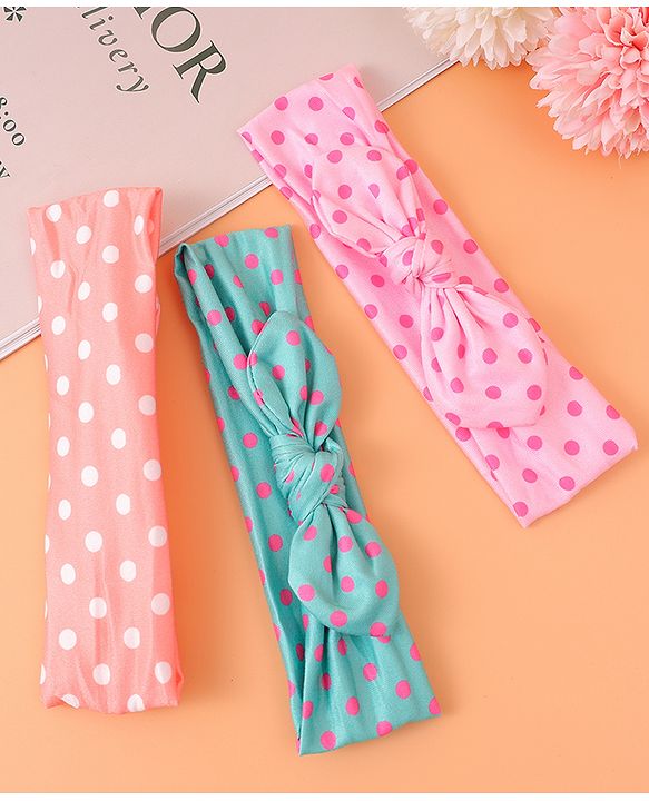 Babyhug Headbands with Bow Applique & Polka Dots Print Free Size Pack of 3 - Pink Mint & Peach