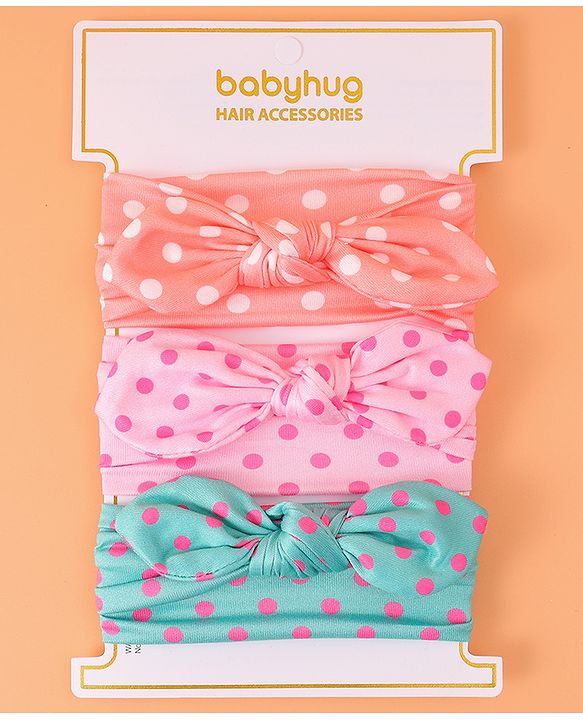 Babyhug Headbands with Bow Applique & Polka Dots Print Free Size Pack of 3 - Pink Mint & Peach