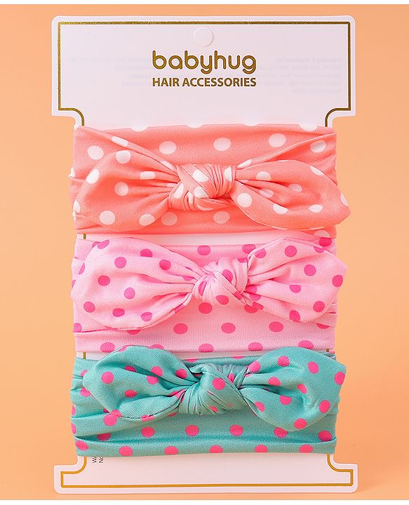 Babyhug Headbands with Bow Applique & Polka Dots Print Free Size Pack of 3 - Pink Mint & Peach