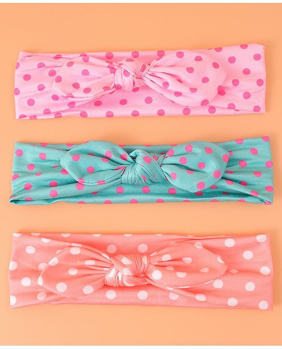 Babyhug Headbands with Bow Applique & Polka Dots Print Free Size Pack of 3 - Pink Mint & Peach